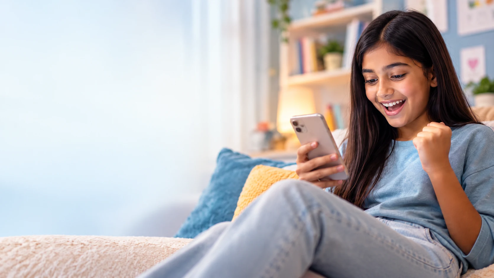 A smiling girl on a couch cheers with one fist while looking at her phone